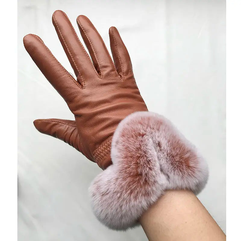 Genuine Sheepskin leather Glove With Rex Rabbit Fur - Free Shipping