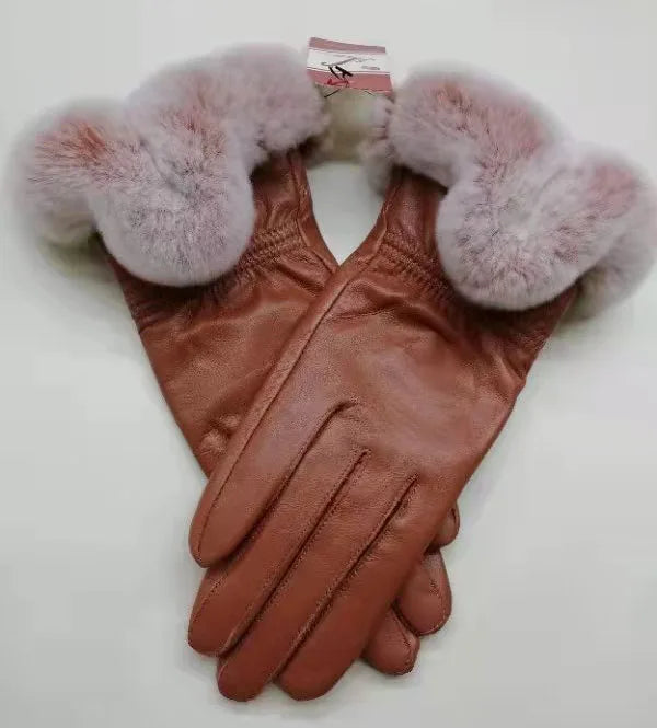 Genuine Sheepskin leather Glove With Rex Rabbit Fur - Free Shipping