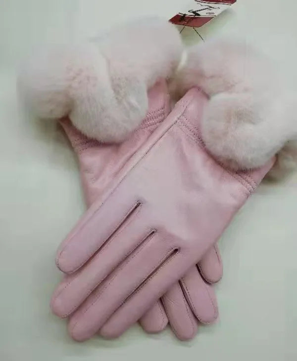 Genuine Sheepskin leather Glove With Rex Rabbit Fur - Free Shipping