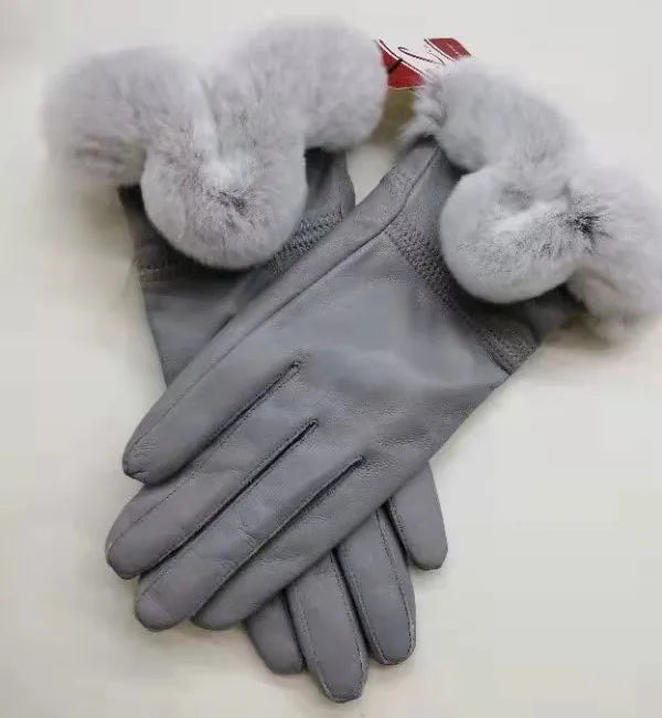 Genuine Sheepskin leather Glove With Rex Rabbit Fur - Free Shipping