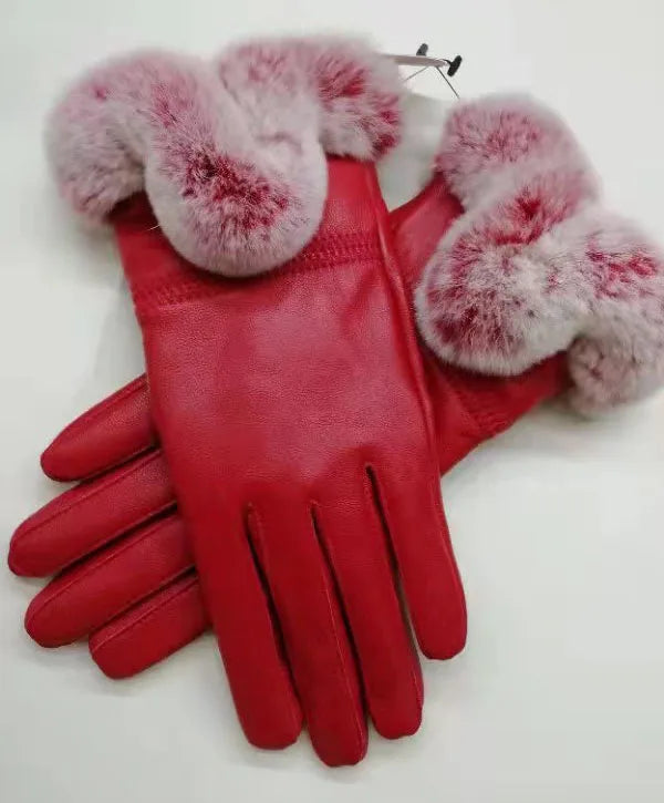 Genuine Sheepskin leather Glove With Rex Rabbit Fur - Free Shipping