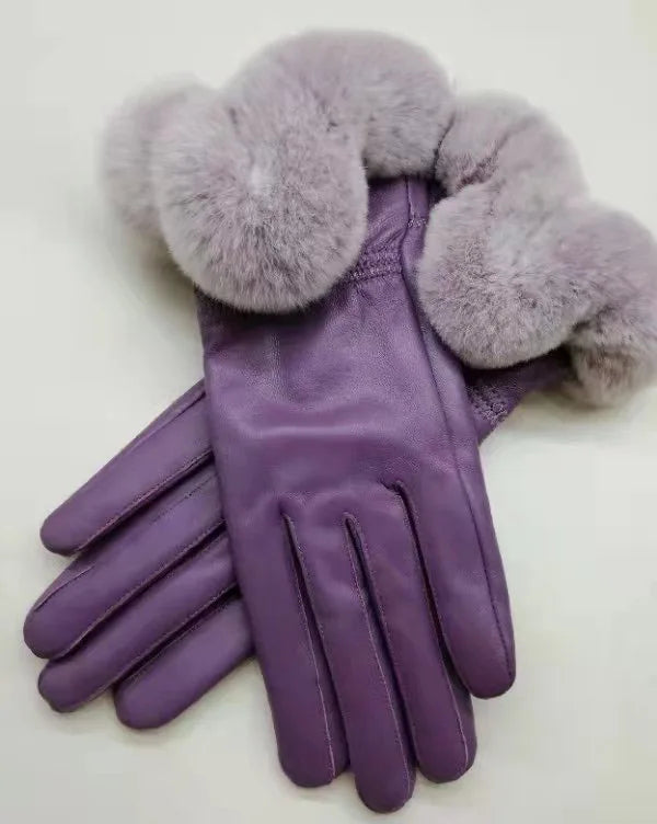 Genuine Sheepskin leather Glove With Rex Rabbit Fur - Free Shipping