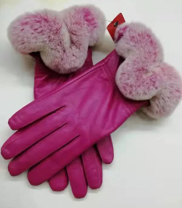 Genuine Sheepskin leather Glove With Rex Rabbit Fur - Free Shipping