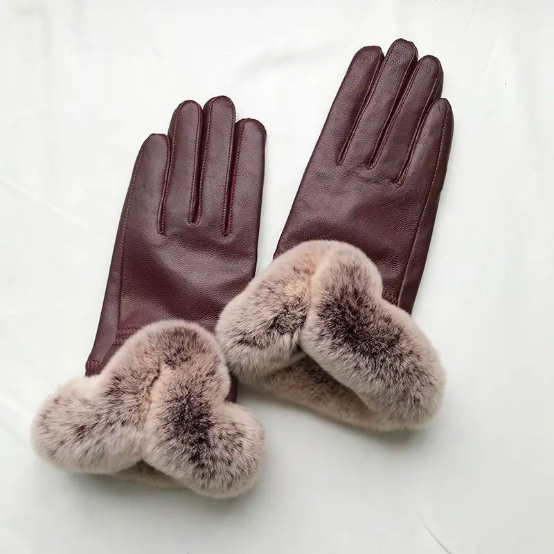 Genuine Sheepskin leather Glove With Rex Rabbit Fur - Free Shipping