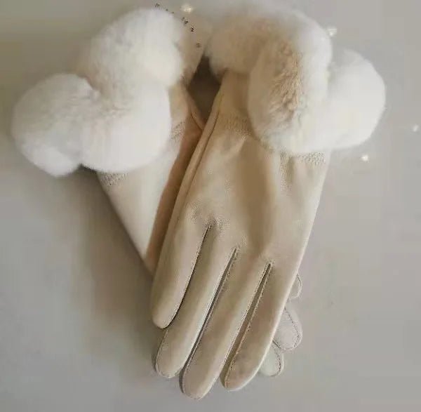 Genuine Sheepskin leather Glove With Rex Rabbit Fur - Free Shipping