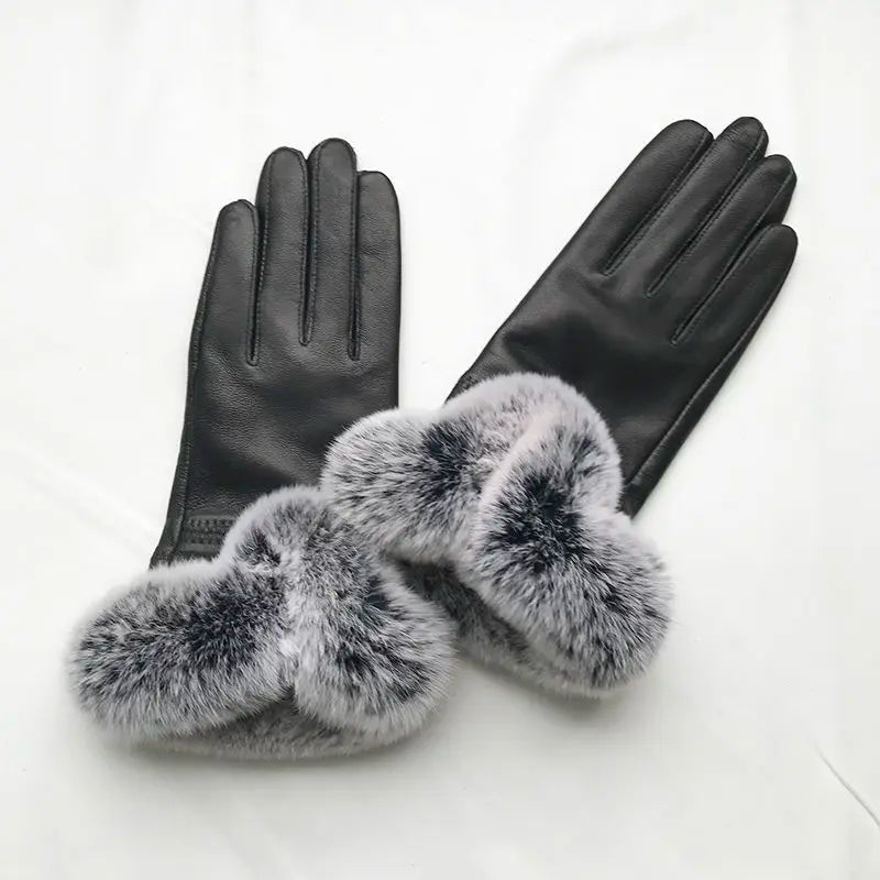 Genuine Sheepskin leather Glove With Rex Rabbit Fur - Free Shipping