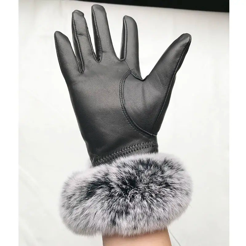 Genuine Sheepskin leather Glove With Rex Rabbit Fur - Free Shipping