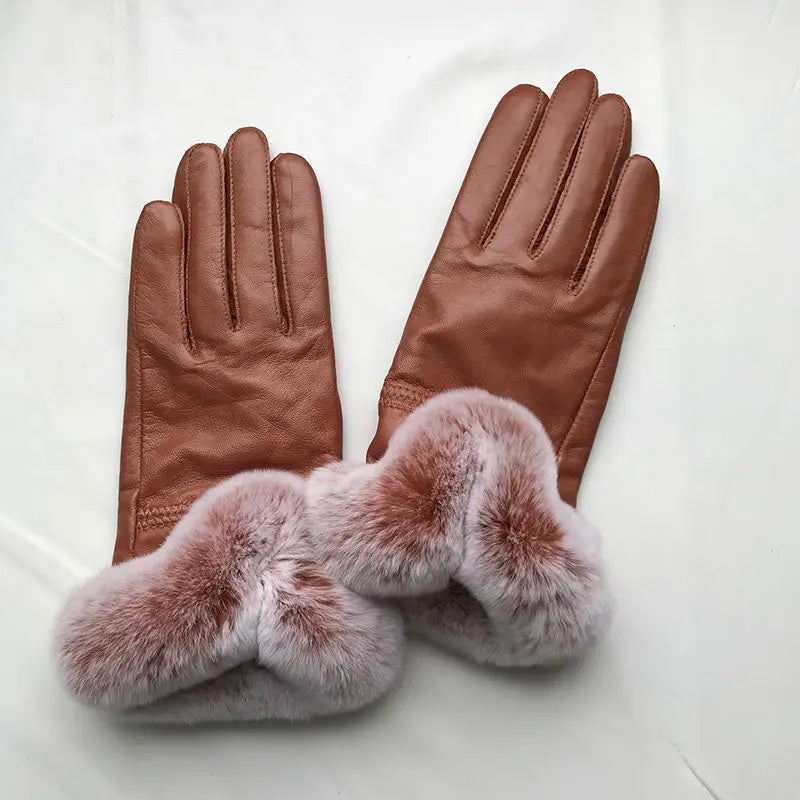 Genuine Sheepskin leather Glove With Rex Rabbit Fur - Free Shipping