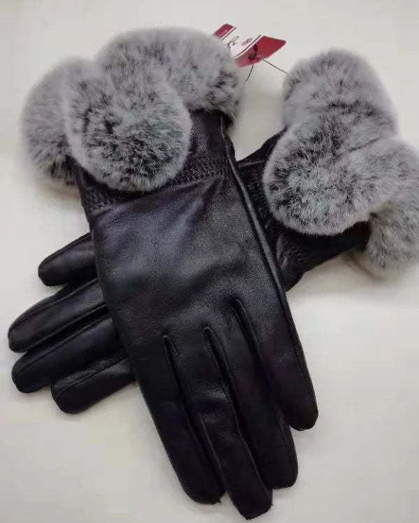 Genuine Sheepskin leather Glove With Rex Rabbit Fur - Free Shipping