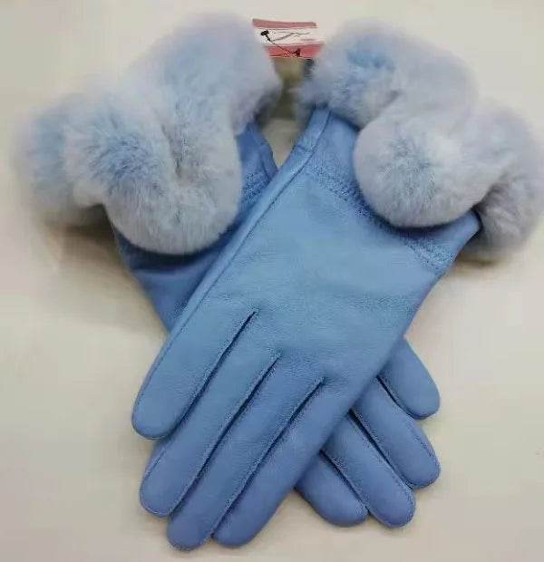 Genuine Sheepskin leather Glove With Rex Rabbit Fur - Free Shipping