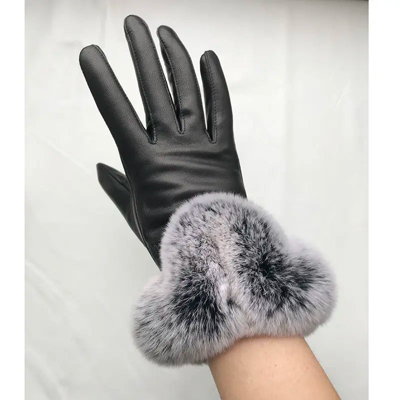 Genuine Sheepskin leather Glove With Rex Rabbit Fur - Free Shipping