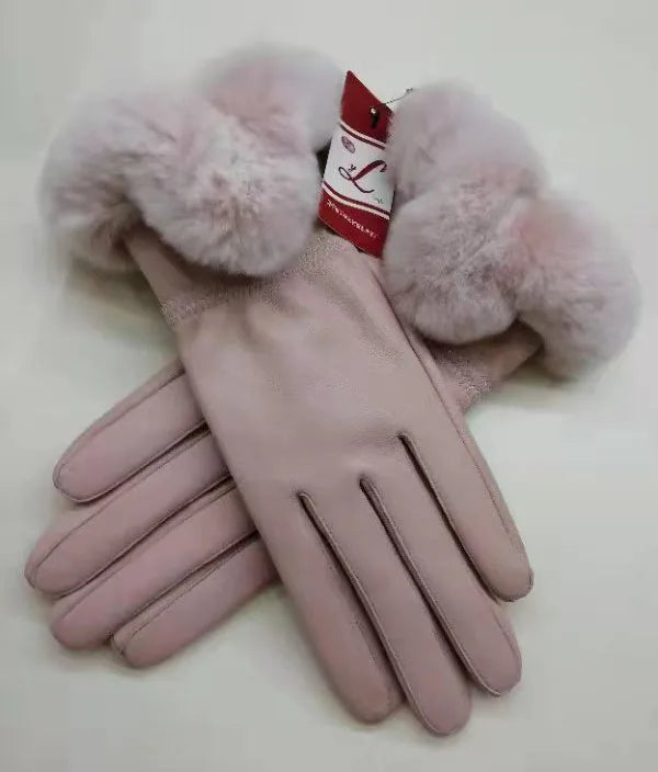 Genuine Sheepskin leather Glove With Rex Rabbit Fur - Free Shipping