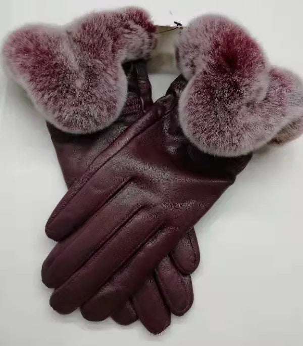 Genuine Sheepskin leather Glove With Rex Rabbit Fur - Free Shipping