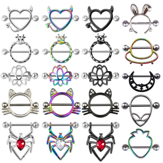 1Pair Stainless Steel Nipple Piercing Bar Crystal Breast Piercing Jewelry Heart Sexy Nipple Rings Shield Cover Barbell Women 14G