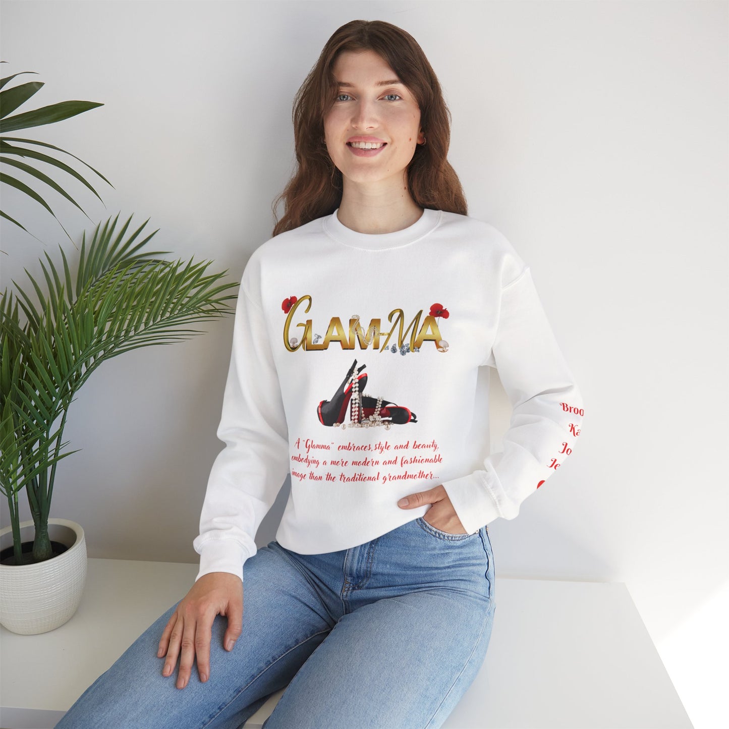 Glamma Graphic Sweatshirt – 'GLAMMA' Gold Script with Heels & Red Heart Sleeve Design