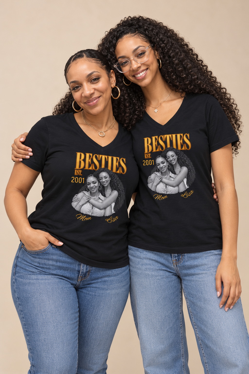 Personalized “Besties Since” V-Neck T-Shirt With Names, Photos and Year