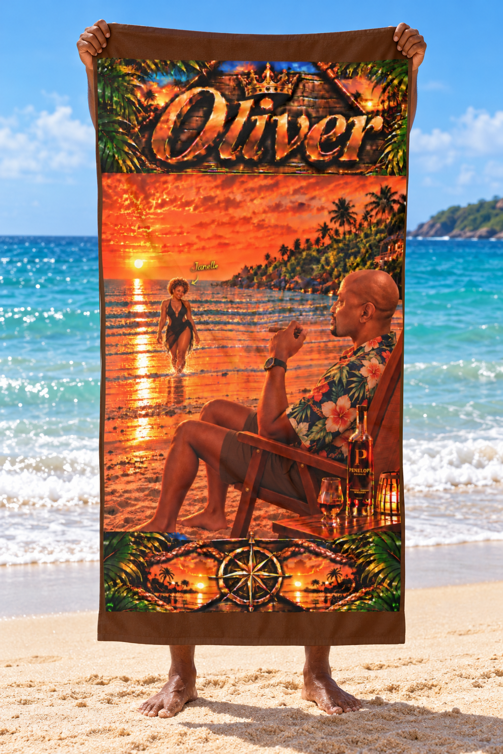 Beach Towel — Personalized Tropical Sunset Design (Name: Oliver)