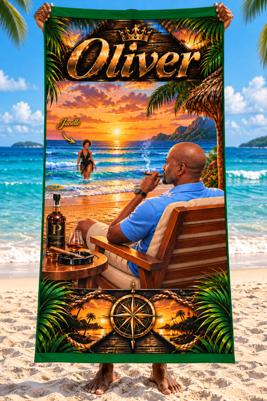 Beach Towel - Personalized Tropical Sunset Design With HIm, Her and the Beach