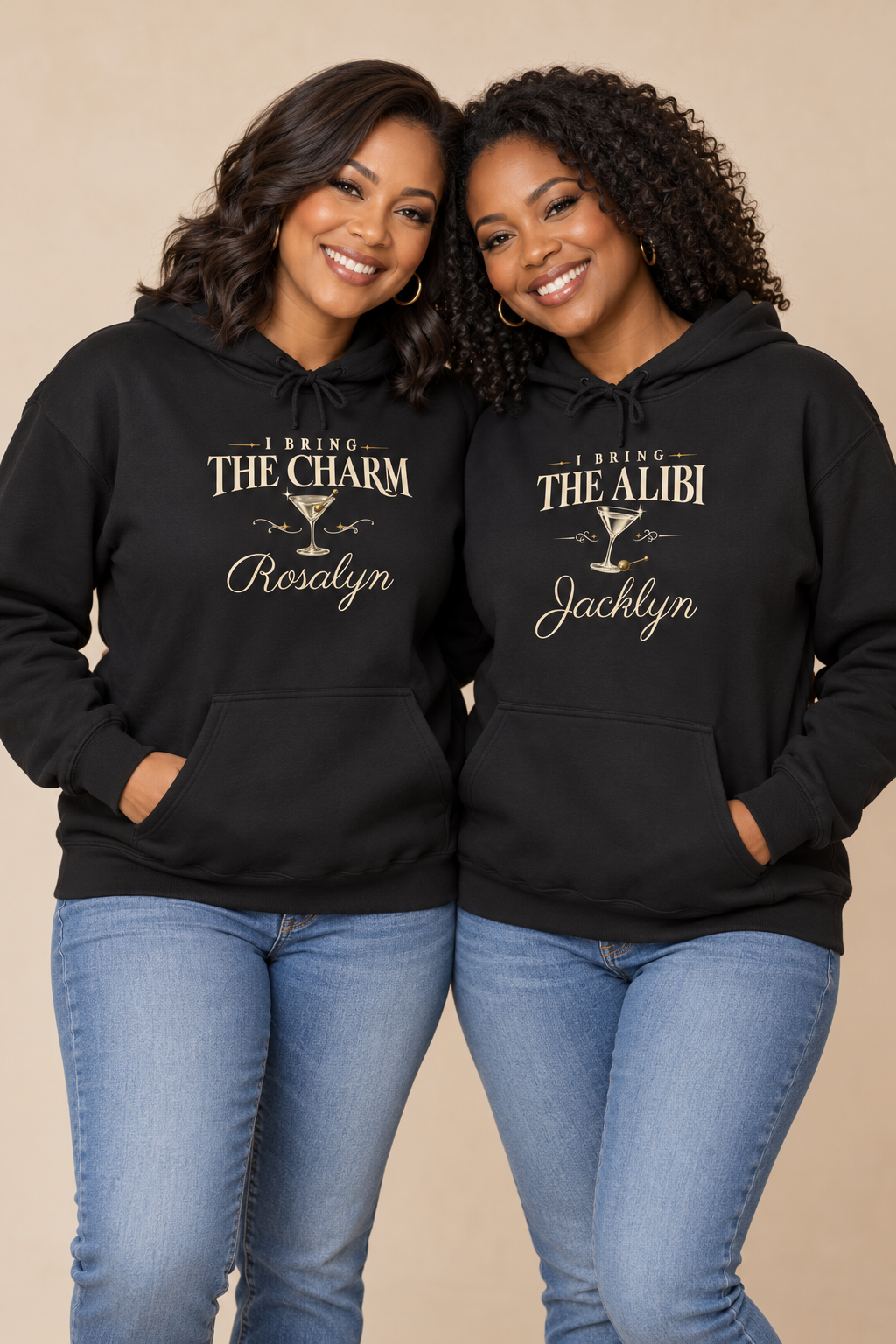 Couples hoodie "Bring the Charm, Bring the Alibi" - Personalize it with your name