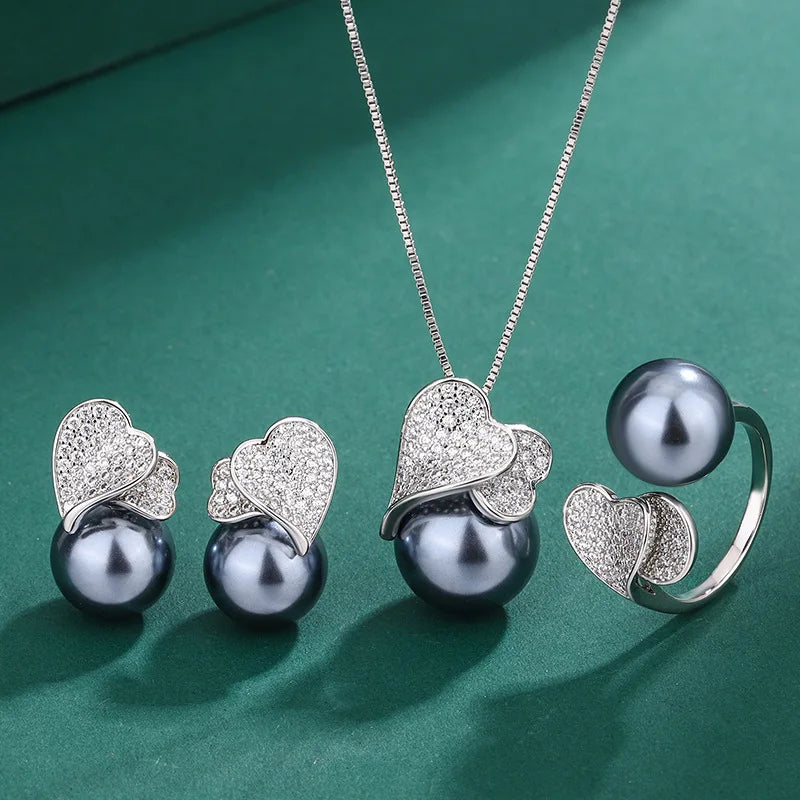 925 Sterling Silver Double Heart with Big Pearl Set