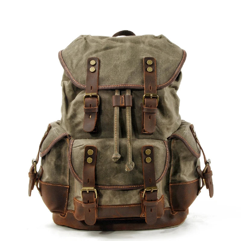 Backpack Men's Women's Vintage Wax Canvas Tactical Travel Bag Large Capacity Outdoor Mountaineering Camping Leather Backpack