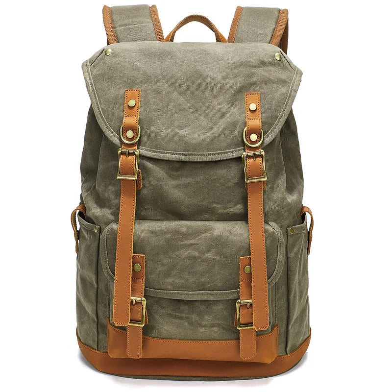 Backpack Men's Women's Vintage Wax Canvas Tactical Travel Bag Large Capacity Outdoor Mountaineering Camping Leather Backpack