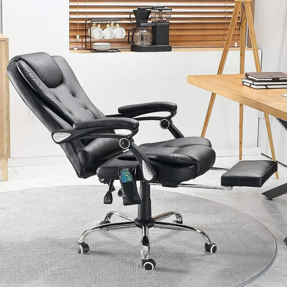 Ergonomic  Leather Reclining Heat & Massage High Back Desk Chair w/Retractable Footrest,