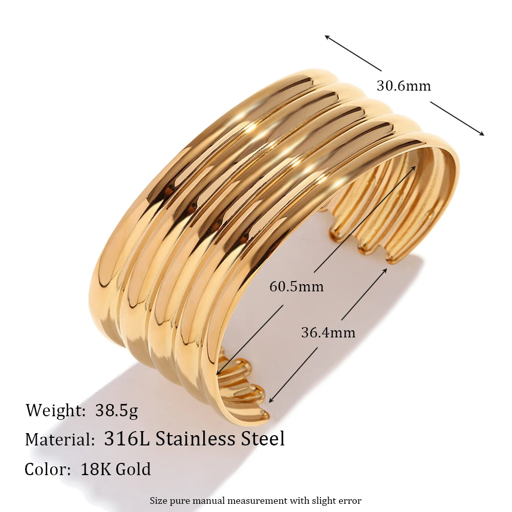 E.B.belle Exaggerated Multi layered Wide Faced Open Bracelet 18K Gold Plated Jewelry 316L Stainless Steel Women's Hand Bracelets
