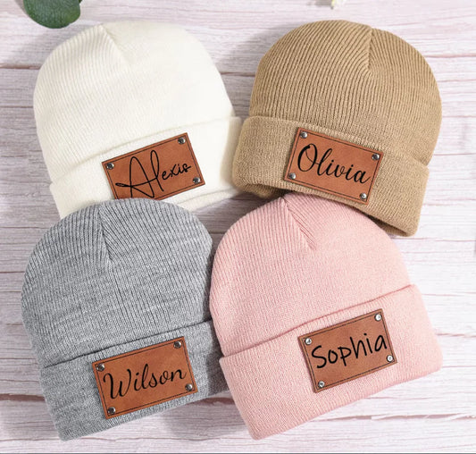 Personalized Beanie Hats with Leather Patch, Unisex