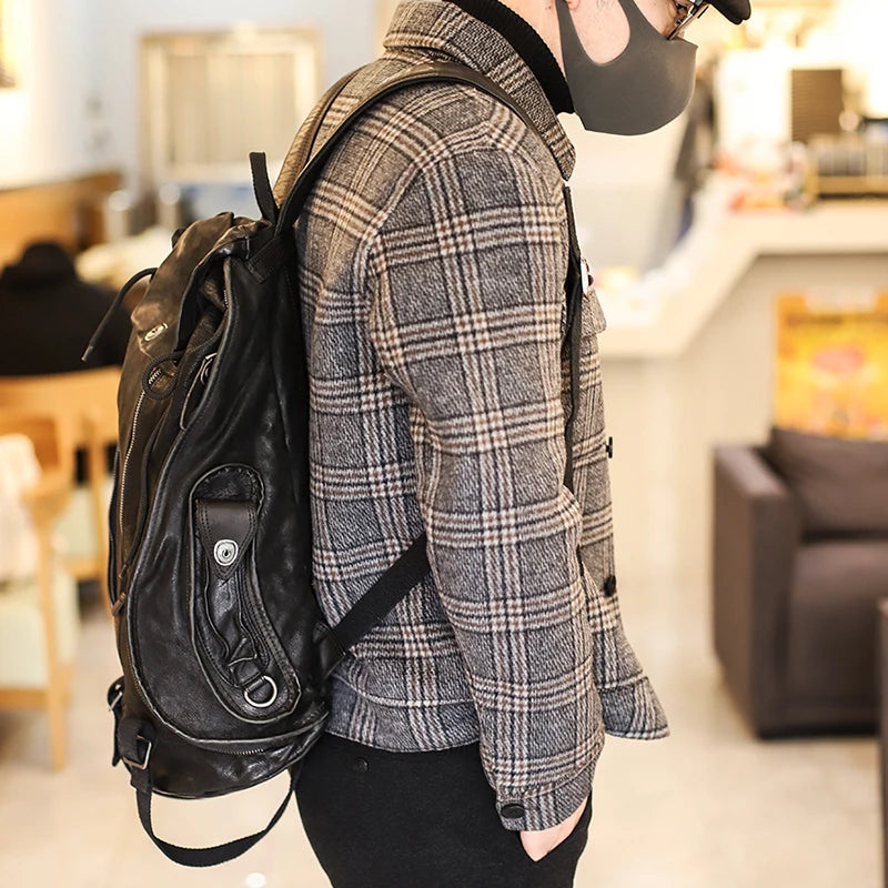 Men's Backpack Zipper Retro Old Leather Shoulder School Bag Mobile Phone Bag Fashion Dark Wind Soft Youth Black Travel Backpacks