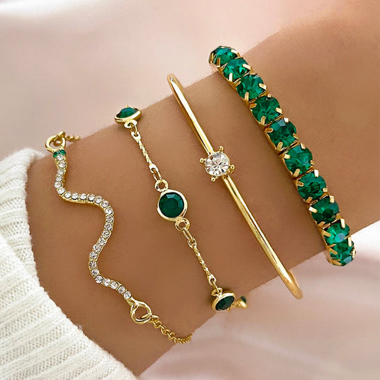 4PCS/Set Fashionable Snake Imitation Gemstone Bangle Rhinestone Full Metal Bracelet Set for W
