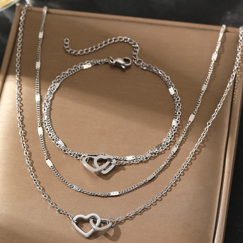 Stainless Steel Love Necklace Double Chain Design Jewelry Set - Buy One Get One Free 🔥