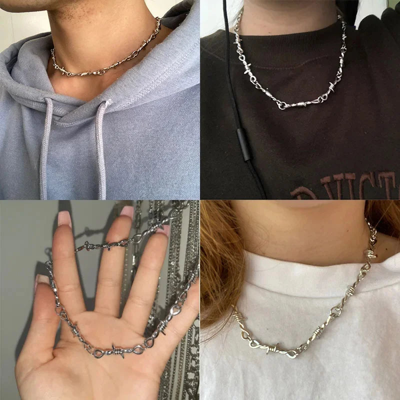 Tiny Wire Thorn Unisex Necklace – Gothic Punk Barbed Wire Chain