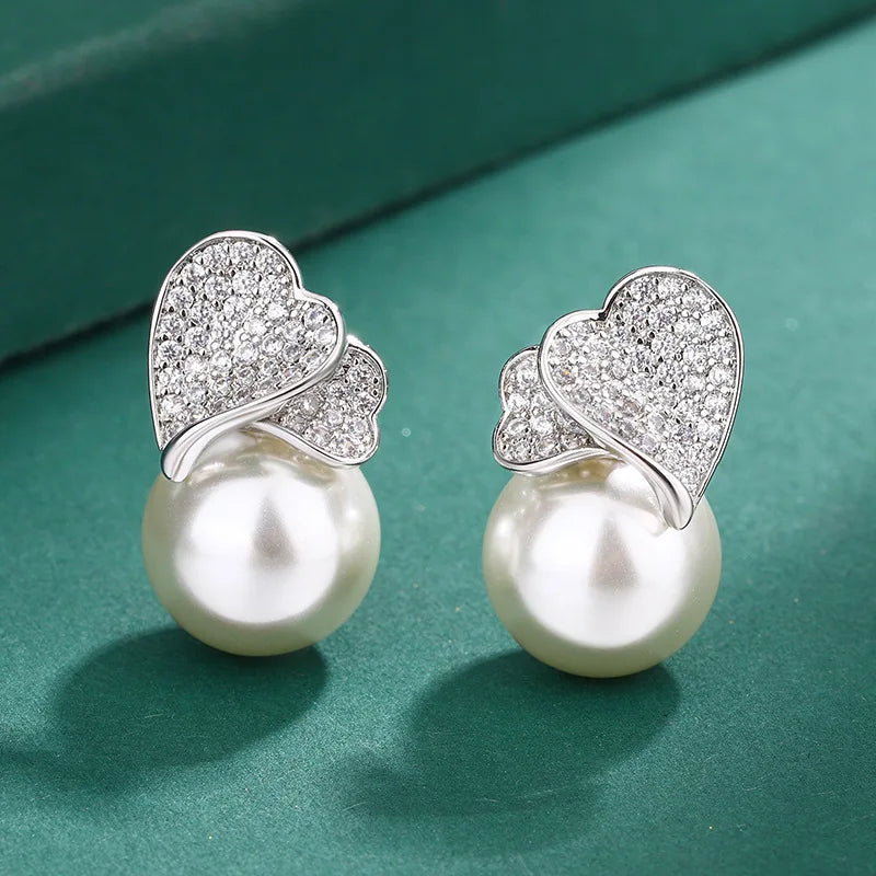 925 Sterling Silver Double Heart with Big Pearl Set