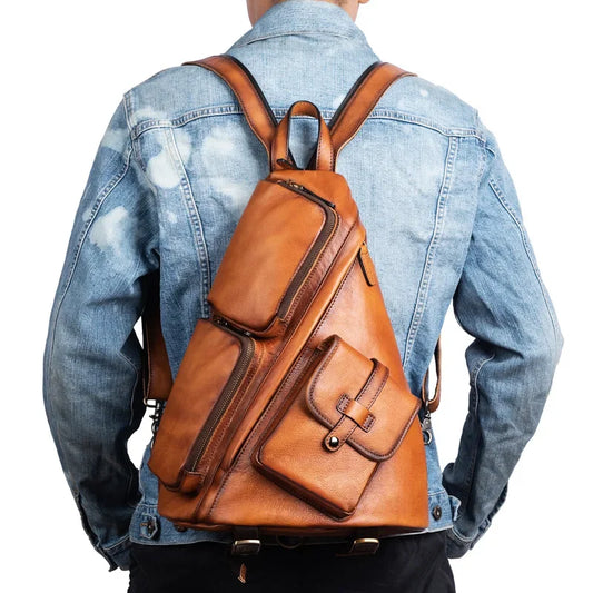 New Fashion Men's Leather Single Shoulder Backpack Real Cowskin Chest Bag Crossbody Bag Backpacks For Man Male Anti Theft Men