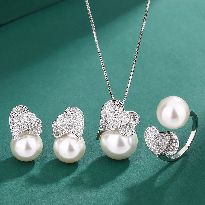 925 Sterling Silver Double Heart with Big Pearl Set