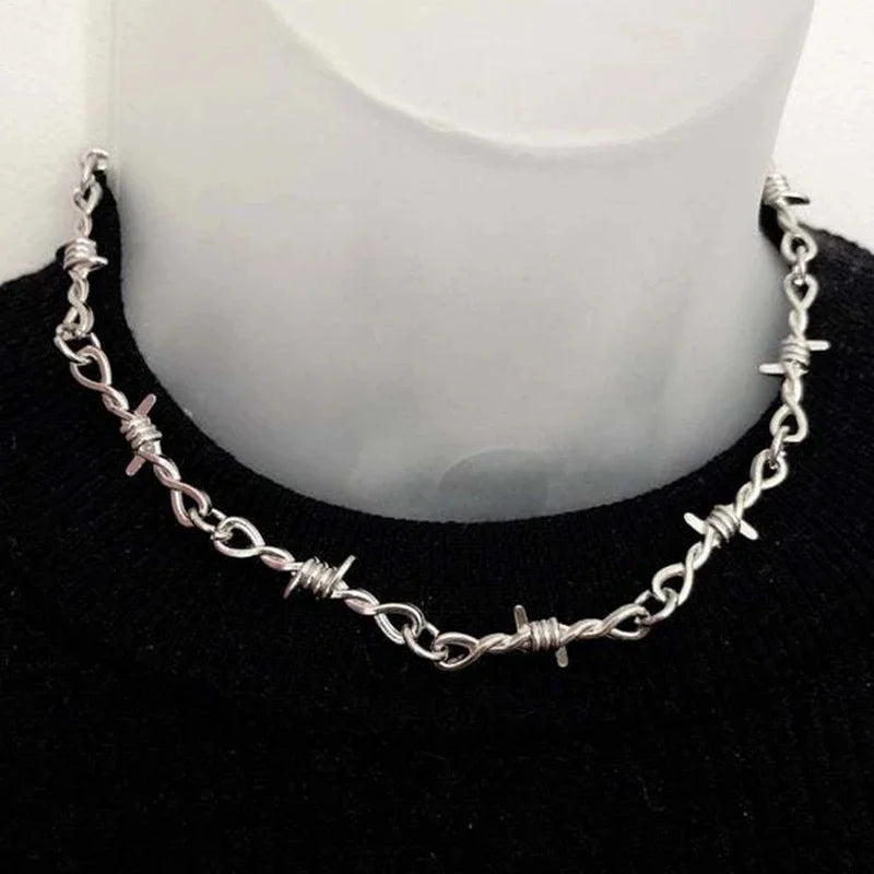 Tiny Wire Thorn Unisex Necklace – Gothic Punk Barbed Wire Chain