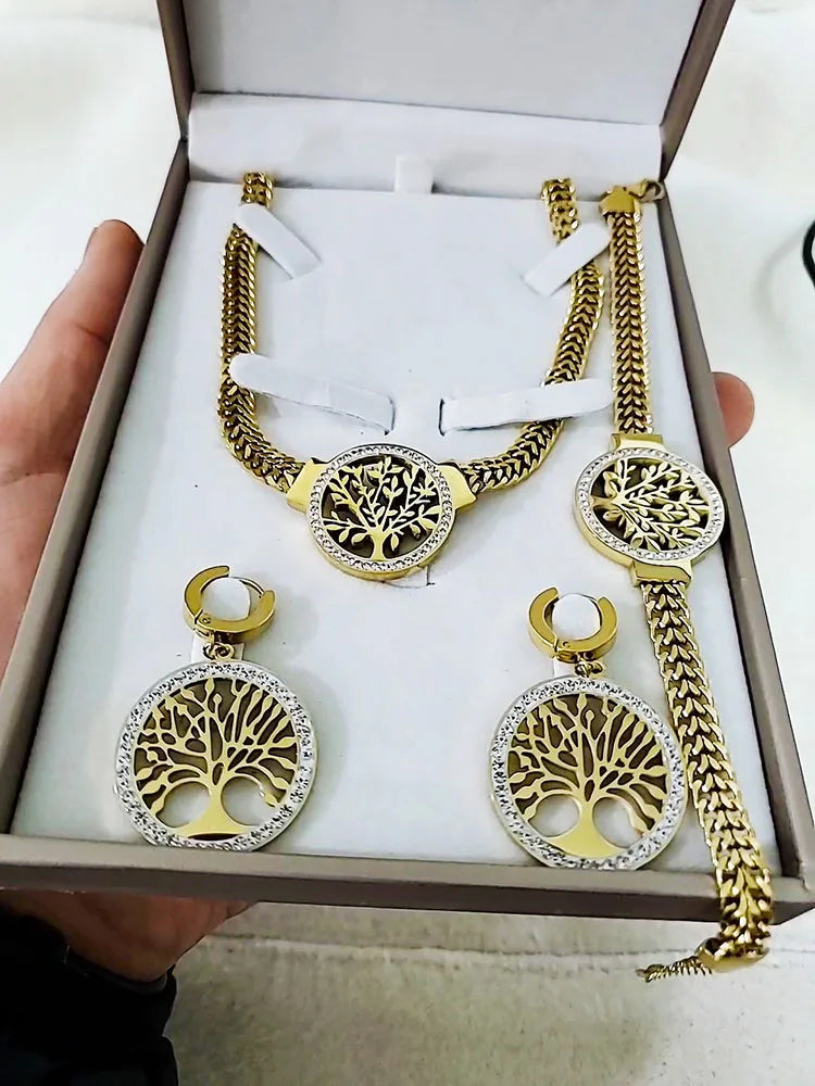 Stainless Steel Jewelry Set: Tree of Life Necklace, Bracelet & Hoop Earrings with Cubic Zirconia Accents