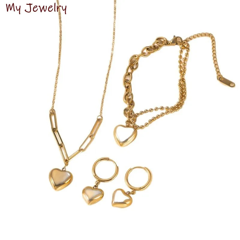 Elegant Simple Bracelet Love Earrings Heart-shaped Pendant Necklace Women's Set