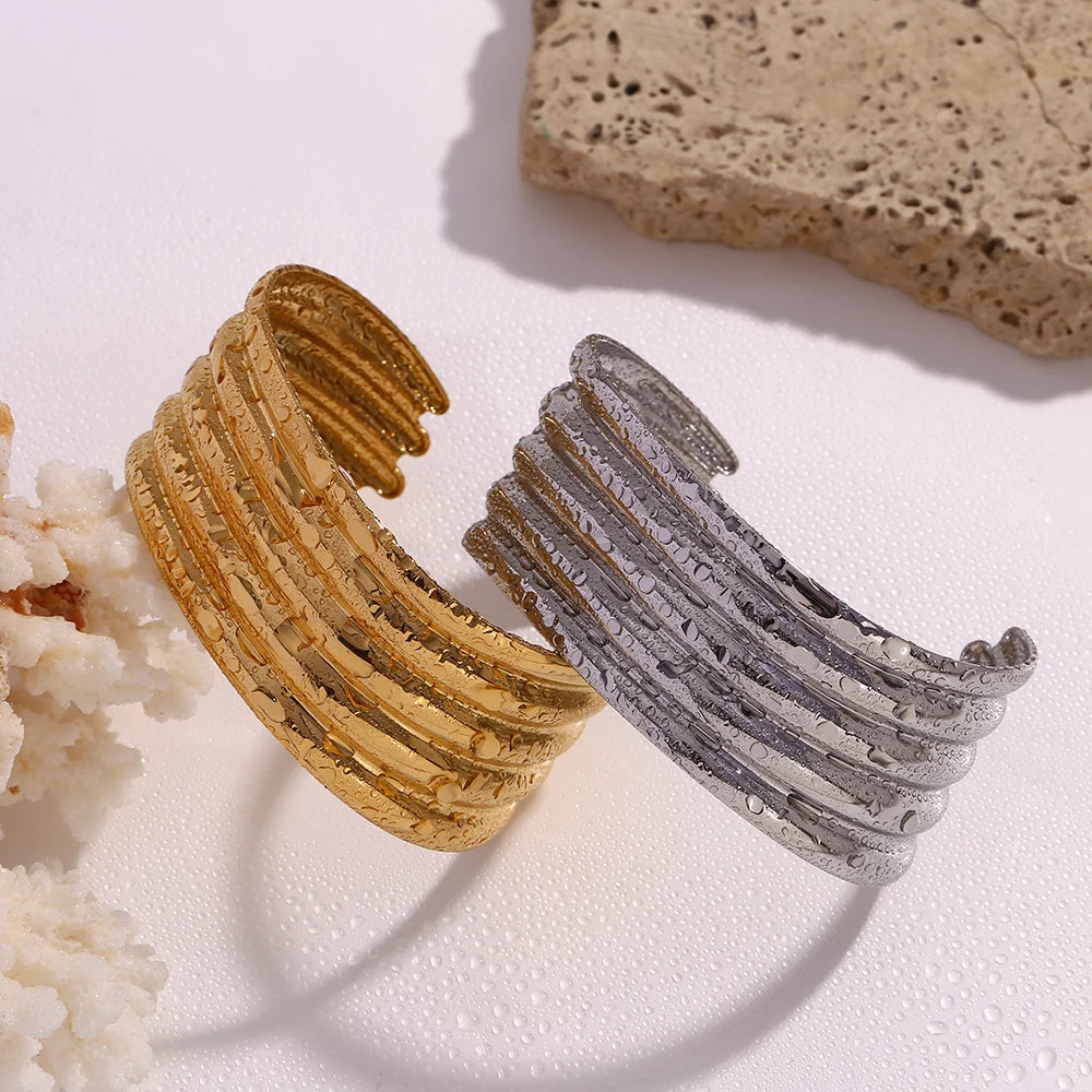 E.B.belle Exaggerated Multi layered Wide Faced Open Bracelet 18K Gold Plated Jewelry 316L Stainless Steel Women's Hand Bracelets