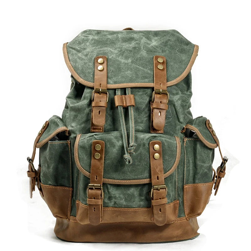 Backpack Men's Women's Vintage Wax Canvas Tactical Travel Bag Large Capacity Outdoor Mountaineering Camping Leather Backpack