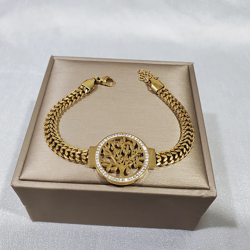 Stainless Steel Jewelry Set: Tree of Life Necklace, Bracelet & Hoop Earrings with Cubic Zirconia Accents