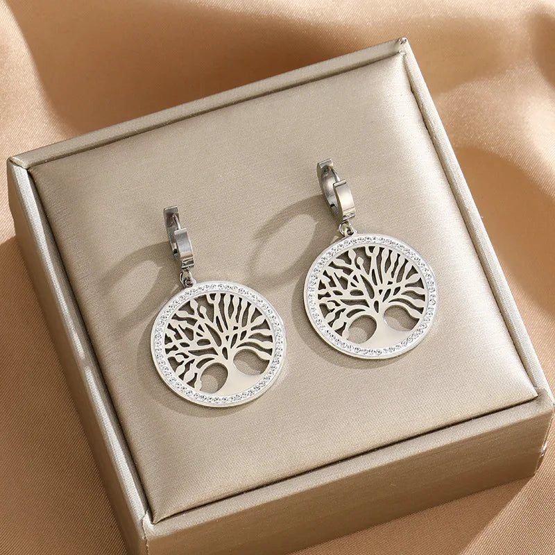 Stainless Steel Jewelry Set: Tree of Life Necklace, Bracelet & Hoop Earrings with Cubic Zirconia Accents