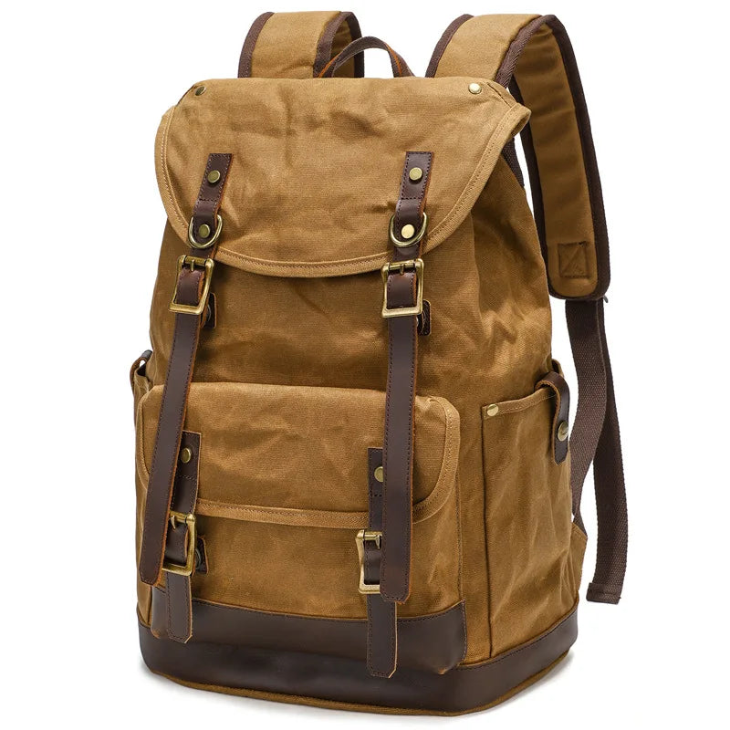 Backpack Men's Women's Vintage Wax Canvas Tactical Travel Bag Large Capacity Outdoor Mountaineering Camping Leather Backpack