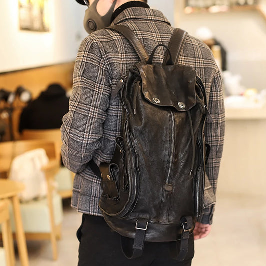 Men's Backpack Zipper Retro Old Leather Shoulder School Bag Mobile Phone Bag Fashion Dark Wind Soft Youth Black Travel Backpacks