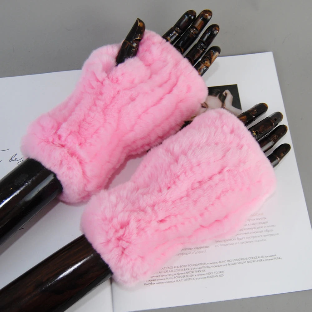 Women's Knit Fur Mitten 100% Real Genuine Knitted Rex Rabbit Fur Fingerless Gloves