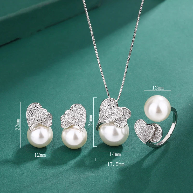 925 Sterling Silver Double Heart with Big Pearl Set