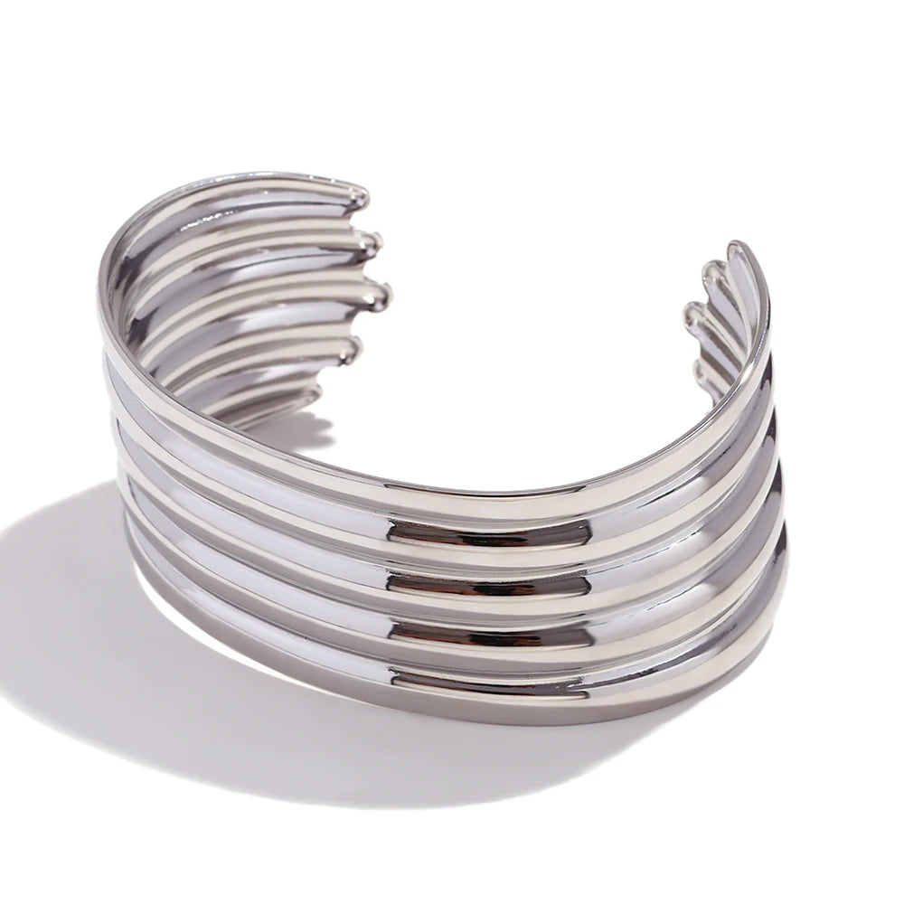 E.B.belle Exaggerated Multi layered Wide Faced Open Bracelet 18K Gold Plated Jewelry 316L Stainless Steel Women's Hand Bracelets
