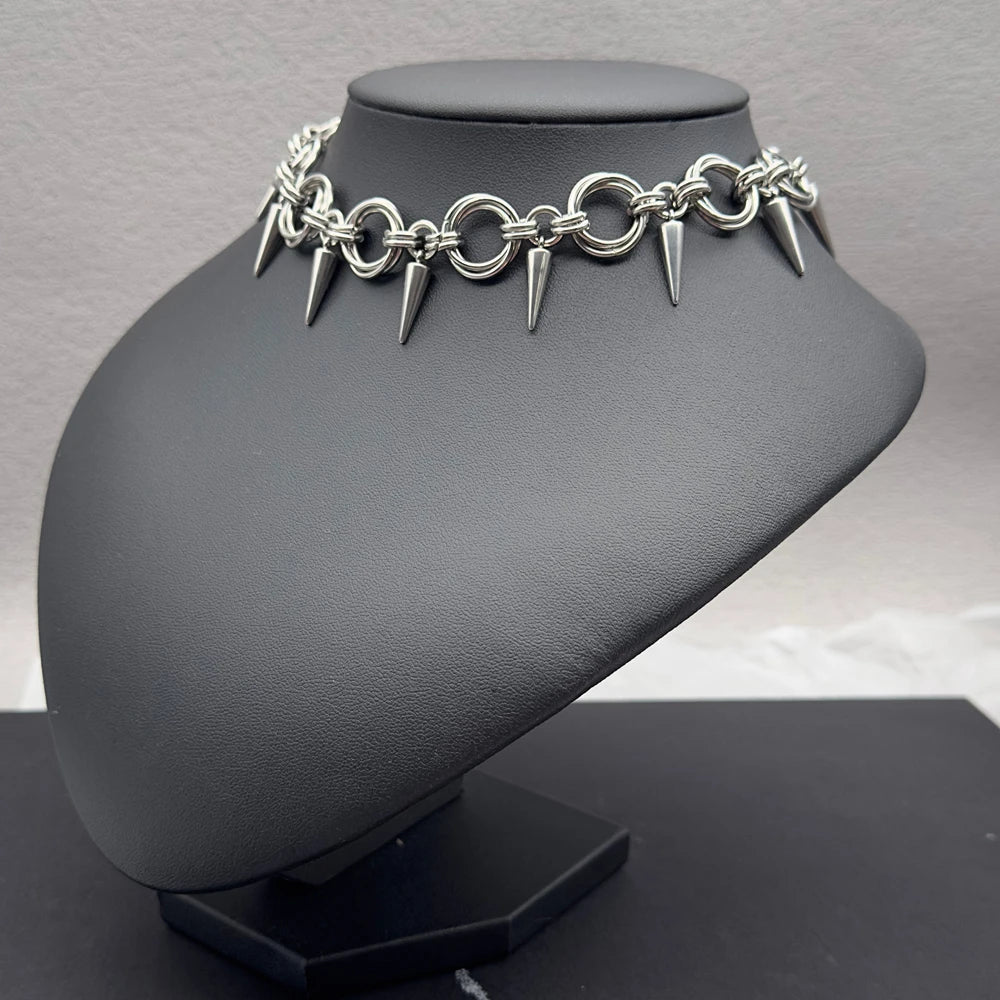 Goth Spiky Choker Necklace Handmade Stainless Steel Rivet Spike Necklace
