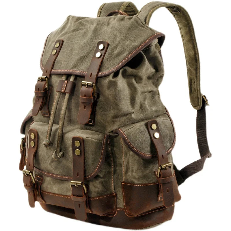 Backpack Men's Women's Vintage Wax Canvas Tactical Travel Bag Large Capacity Outdoor Mountaineering Camping Leather Backpack